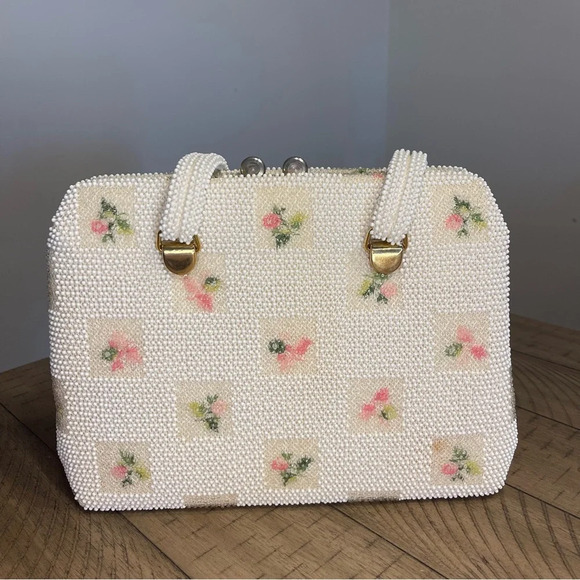 Vintage 1950’s Lumured Floral beaded handbag with Mirror Clutch shoulder purse - Picture 6 of 16